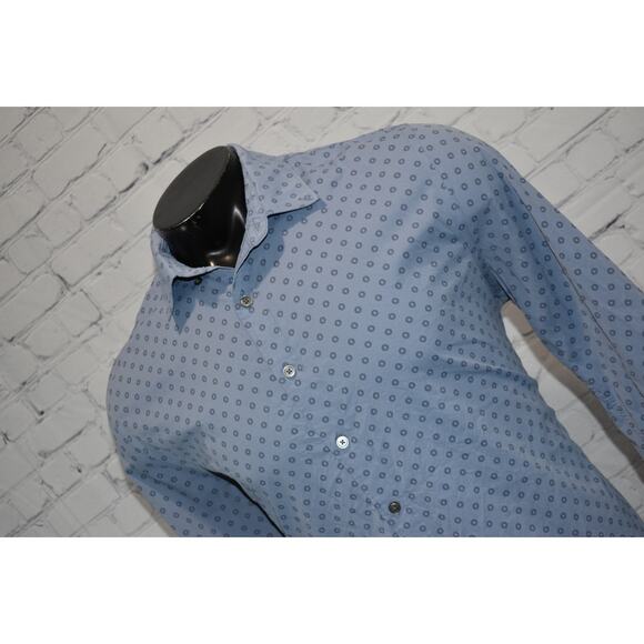 Express Shirt Men Size Large Stretch Slim Fit Blue Geometric Dress Nylon Spandex - Picture 1 of 7